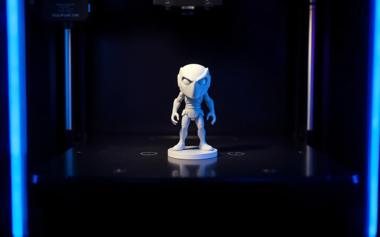 A detailed 3D-printed figurine on a printer bed, blue rim lighting